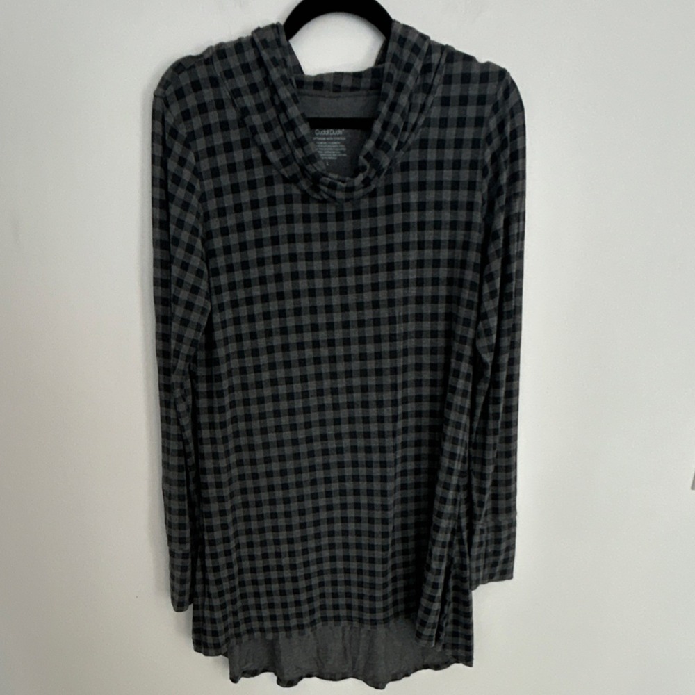 Cuddl Duds Gray Black Check Cowl Neck Tunic Top L Thumb Hole Long‎ Sleeve Dress